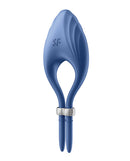 Satisfyer Duelist Vibrating Cock Ring Blue showcasing its sleek and size-adjustable design for enhanced pleasure.
