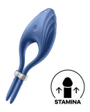 Satisfyer Duelist Vibrating Cock Ring Blue with clitoral stimulator for enhanced pleasure.