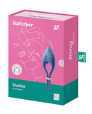 Satisfyer Duelist Vibrating Cock Ring Blue packaging showcasing the innovative design and features for couples.