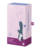 Satisfyer Air Pump Booty 2 Anal Vibrator Dark Grey packaging featuring inflatable anal vibrator design.