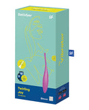 Satisfyer Twirling Joy App Controlled Vibrator Purple packaging design featuring a sleek, sporty massager.