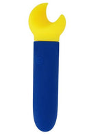 Maia Saylor Rechargeable Mini Vibe in blue and yellow, compact and portable for easy use and charging.