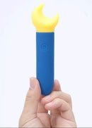 Maia Saylor Rechargeable Mini Vibe shown in hand, featuring a blue body and yellow head, designed for convenient use.