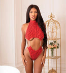 Savage Me Red Hot Cheetah Chain Bodysuit Red worn by model, showcasing its bold cheetah pattern and chain details.