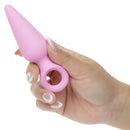 Hand holding the First Time Booty Silicone Probe Duo Pink, a beginner-friendly silicone anal probe for exploration.