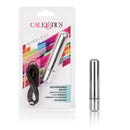 Rechargeable Silver Bullet Vibrator packaging, compact design, USB rechargeable, ultra powerful, waterproof, and discreet.