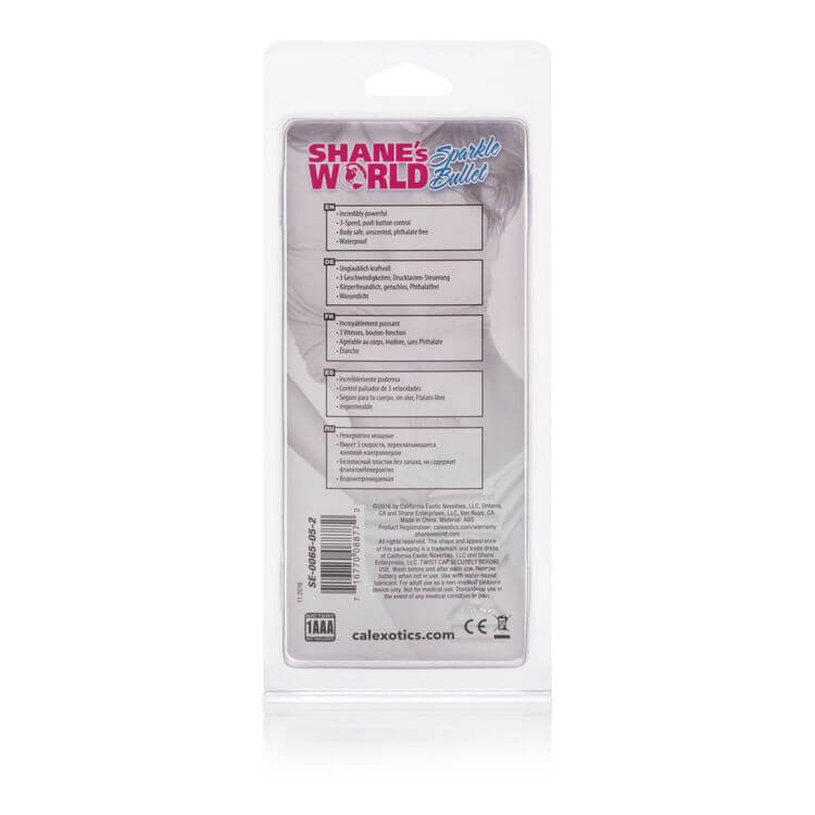 Back packaging of Shane's World Sparkle Bullet Vibrator Pink - 3-Speed Waterproof Compact Massager