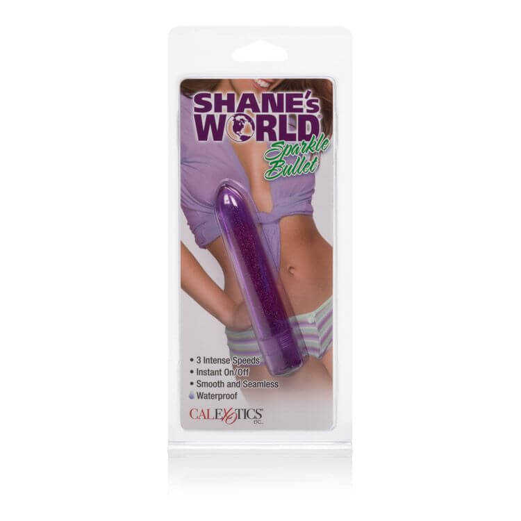 Shane's World Sparkle Bullet Vibrator Purple packaging with three intense speeds and waterproof features