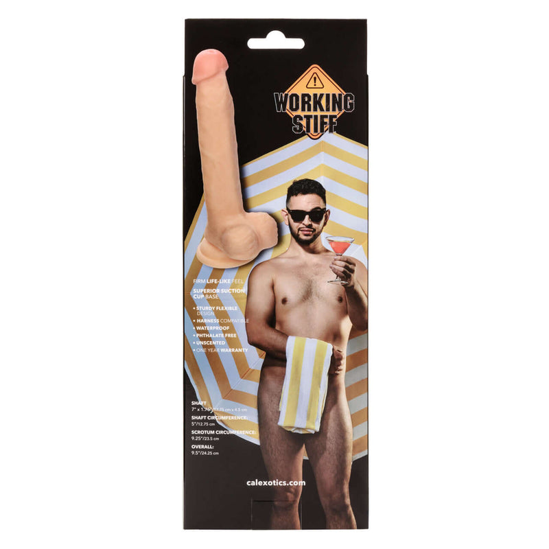 Working Stiff Cabana Boy life-like dildo in package with towel-clad model for ultimate pleasure and satisfaction