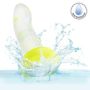 Glow Stick Star Silicone Glow-In-The-Dark Dildo Yellow splashing in water, showcasing waterproof feature.