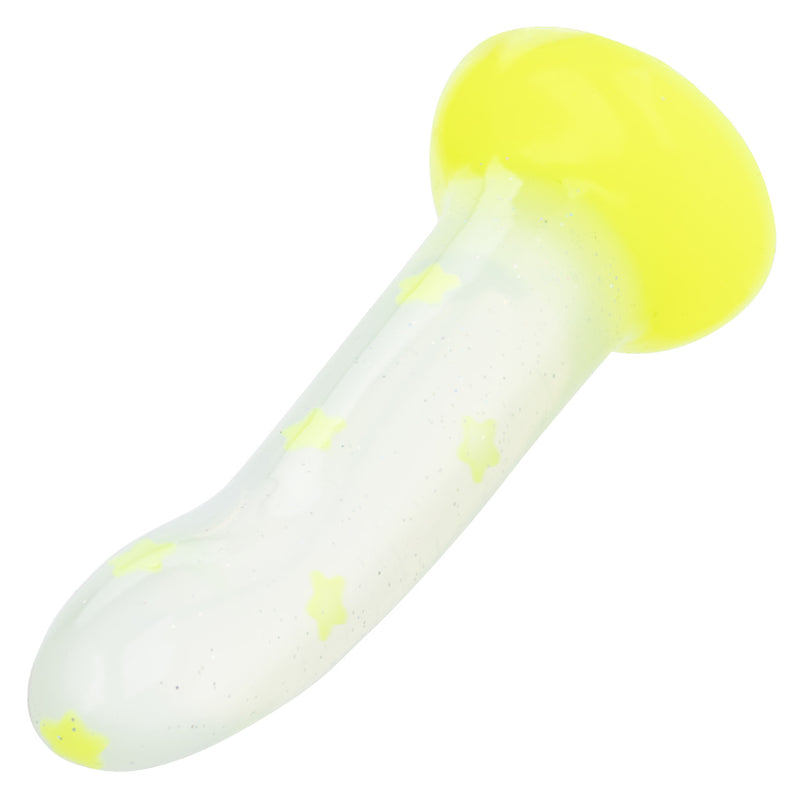 Glow Stick Star Silicone Glow-In-The-Dark Dildo Yellow with star pattern and bright yellow base.
