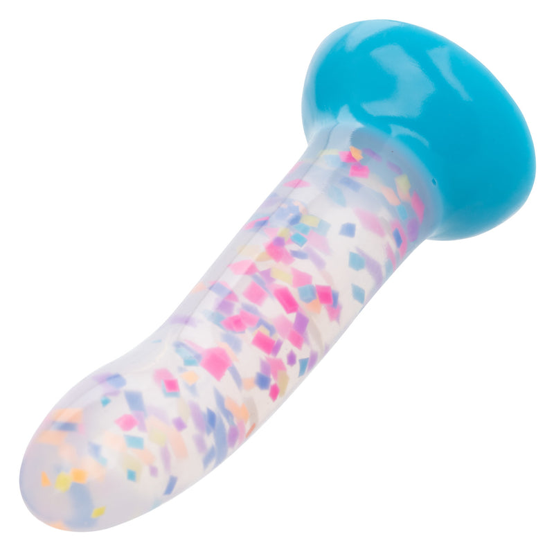 Glow Stick Party Silicone Glow-In-The-Dark Dildo showcasing colorful speckles and a blue base, perfect for playful intimacy.
