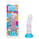 Glow Stick Party Silicone Glow-In-The-Dark Dildo packaging and product beside it, featuring colorful design and glow-in-the-dark feature.