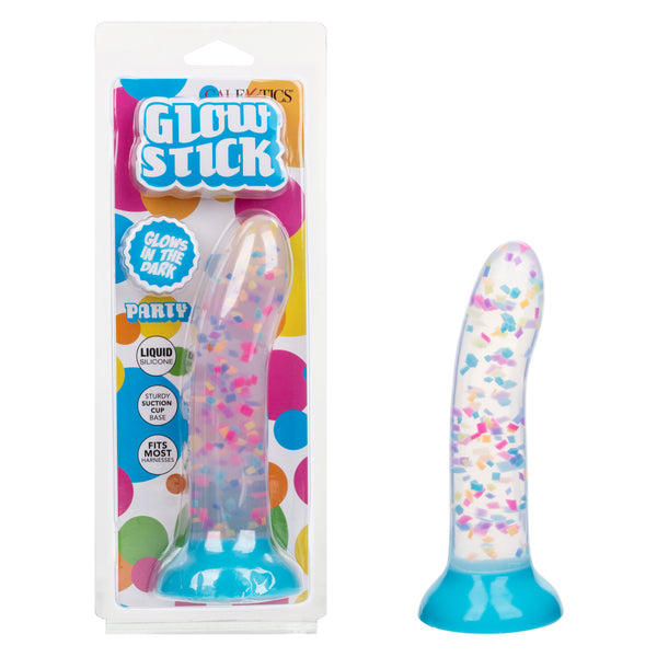 Glow Stick Party Silicone Glow-In-The-Dark Dildo packaging and product beside it, featuring colorful design and glow-in-the-dark feature.