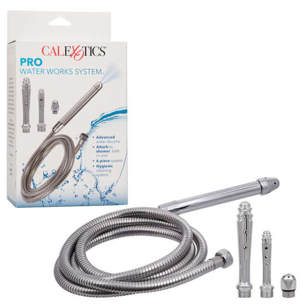 Pro Water Works System with flexible hose and spray attachments for hygienic cleaning shown with packaging.