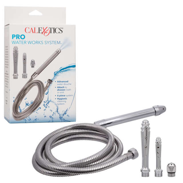 Pro Water Works System with flexible hose and spray attachments for hygienic cleaning shown with packaging.