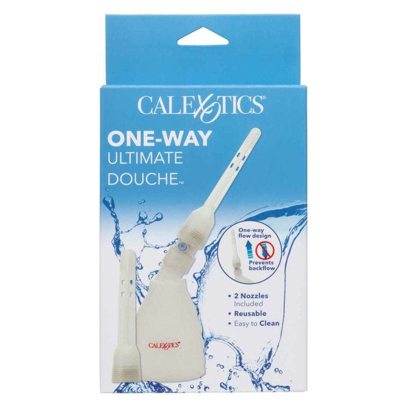 One Way Ultimate Douche Clear by Calexotics packaging with two nozzles and one-way flow design.