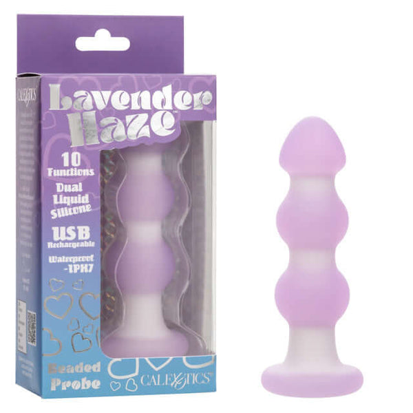 Lavender Haze Beaded Probe - Dual Layer Liquid Silicone Vibrating Anal Stimulator in packaging.