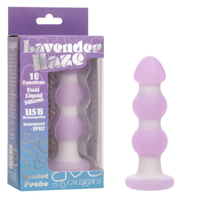Lavender Haze Beaded Probe - Dual Layer Liquid Silicone Vibrating Anal Stimulator in packaging.
