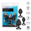 Silicone Gem Anal Kit Black three-piece set with tapered design and decorative gem bases for adjustable stimulation.