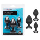 Silicone Gem Anal Kit Black featuring three graduated plugs with stylish gem bases for stimulating exploration.