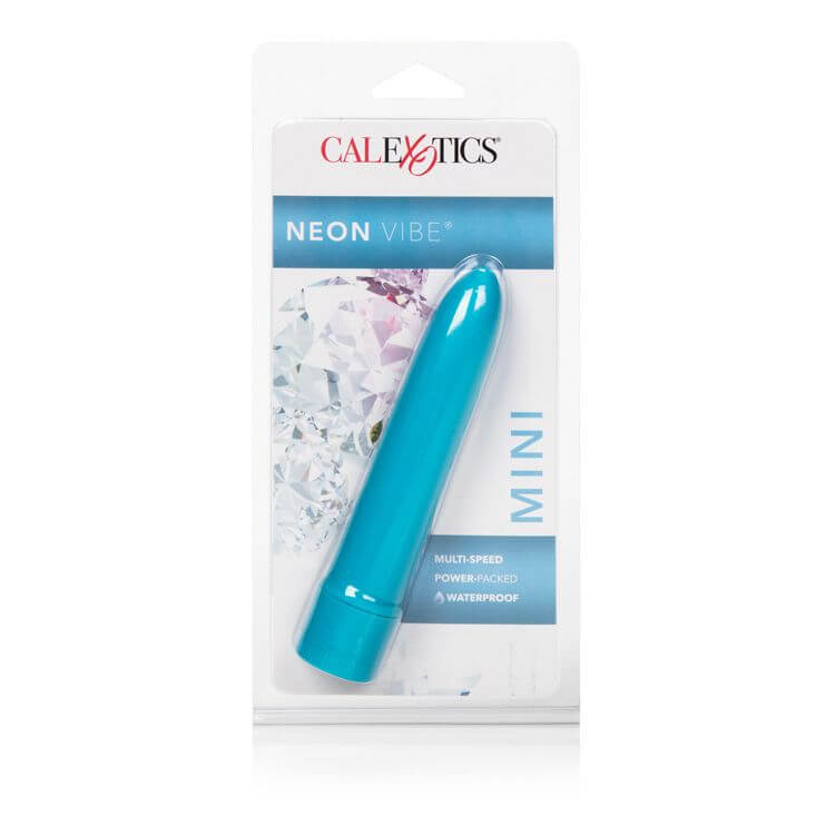 Mini Neon Blue Vibrator in packaging by CalExotics with multiple speeds.