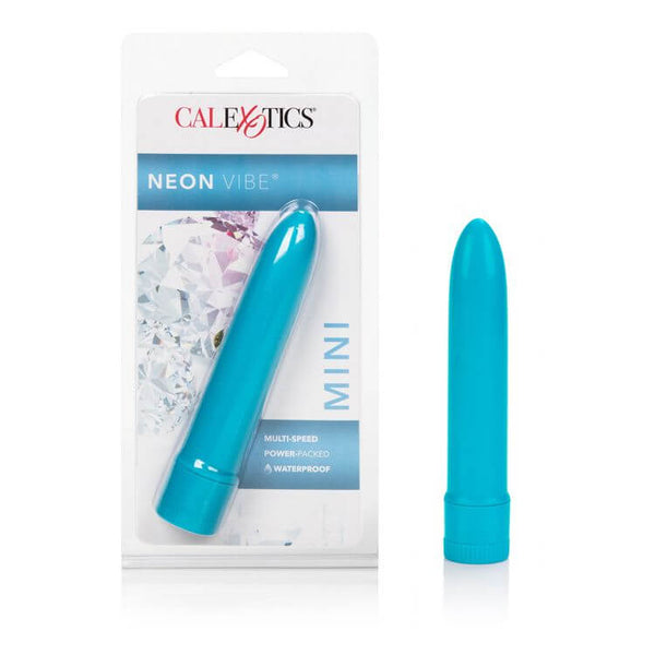 Blue Mini Neon Multiple Speed Vibrator by CalExotics in packaging, sleek and powerful design for versatile stimulation.