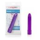 Mini Neon Hard Vibrator 4.5 inches Purple in packaging, showcasing its sleek design and vibrant color.