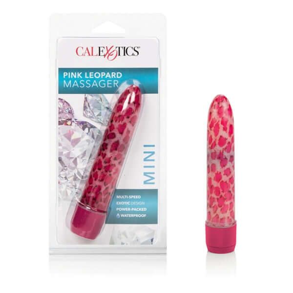 Pink Leopard Mini Massager - 4.5" Waterproof Vibrator by Cal Exotics in packaging and display.
