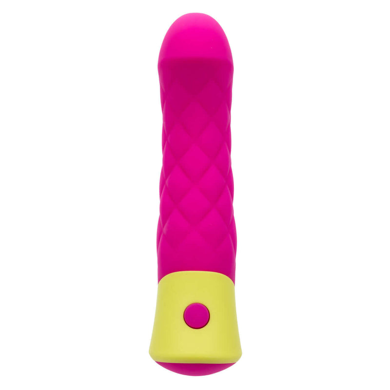 Rave Quilted G Silicone Vibrator Pink with a smooth, quilted design, vibrant pink color, and yellow accent button.
