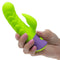 Rave Dragon G Rabbit Vibrator Green held in hand, highlighting its vibrant silicone design and stimulating features.