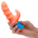Rave Tickler Rabbit Vibrator Orange held in hand, showcasing its textured swirled design and vibrant colors.