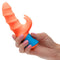 Rave Tickler Rabbit Vibrator Orange held in hand, showcasing its textured swirled design and vibrant colors.