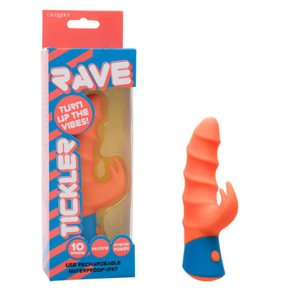 Rave Tickler Rabbit Vibrator Orange in packaging, showcasing its unique design and bold color.