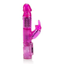 Waterproof Jack Rabbit Pink Vibrator showcasing its dual-action design with vibrant pink color and rotating beads.