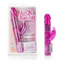 Waterproof Jack Rabbit Pink Vibrator in packaging featuring rotating beads and dual stimulation design.