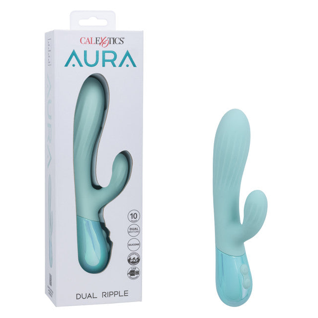 Aura Dual Ripple Rabbit Vibrator in packaging, featuring rippled shaft and contoured external stimulator for pleasure.