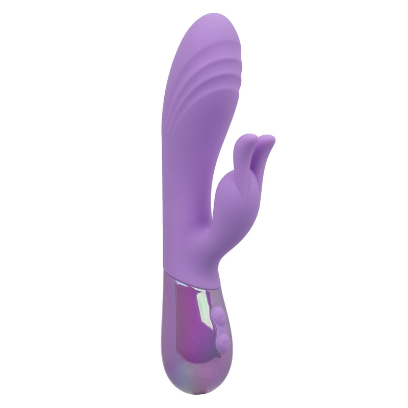 Aura Dual Bunny Rabbit Vibrator in purple silicone with smooth shaft and soft bunny ears for dual stimulation.