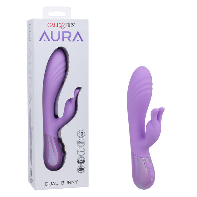 Aura Dual Bunny Rabbit Vibrator in sleek packaging, showcasing its body-safe design and playful features.