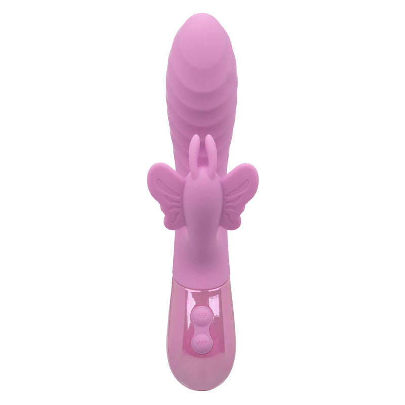 Aura Dual Flutter Rabbit Vibrator in pink with a rippled shaft and butterfly stimulator for dual stimulation.