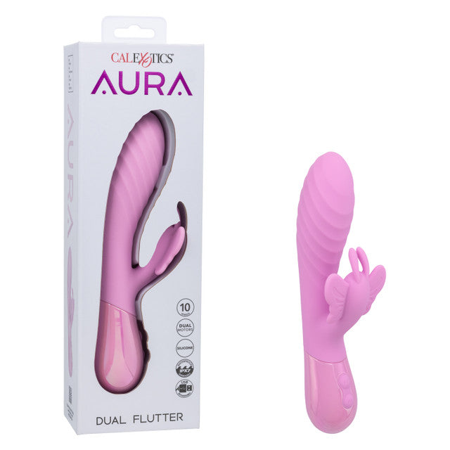 Aura Dual Flutter Rabbit Vibrator in pink packaging showcasing its dual stimulation features.
