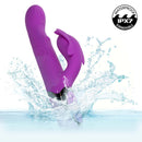 Enchanted Throbbing Butterfly Rechargeable Vibrator Purple in water with splash effect, showcasing its waterproof feature.