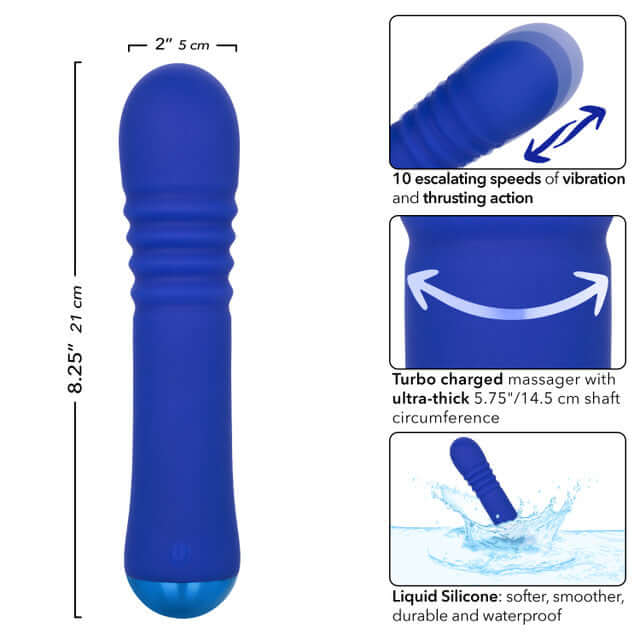 Thicc Chubby Thrusting Wand with dual motors, 5.75-inch circumference, 8.25 inches length, 10 speed settings, waterproof, liquid silicone material.
