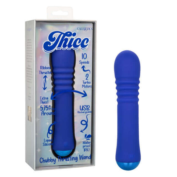 Thicc Chubby Thrusting Wand - Turbo-Charged Dual Motor Massager with 10 Speeds and Ribbed Shaft in Blue.