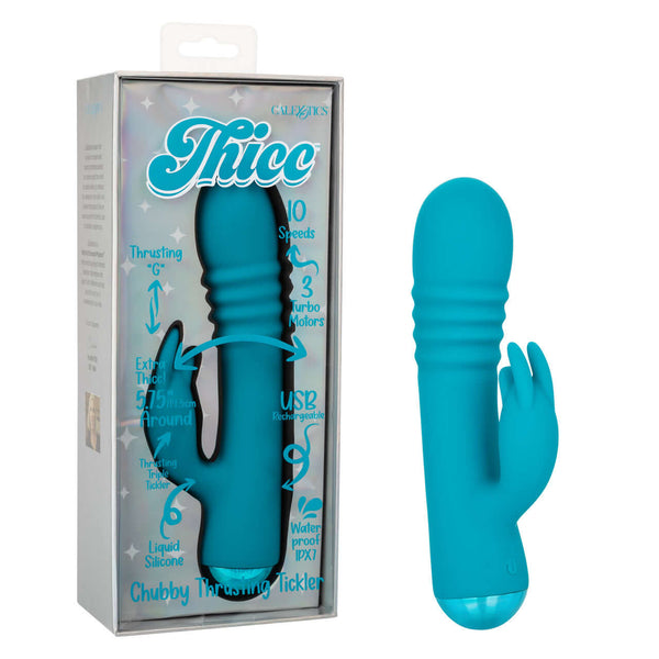 Thicc Chubby Thrusting Tickler Turbo-Charged Triple Motor Massager in packaging and standalone, premium adult massager in blue