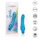 Sparkle Glitter Jack Blue Vibrating Dildo in packaging showcasing its glitter finish and features, ideal for beginners.
