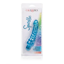 Sparkle Glitter Jack Blue Vibrating Dildo in packaging with glitter finish and ribbed design.