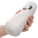 Hand holding Optimum Power® Life-like Pulsar Stroker with rechargeable vibration and suction features.
