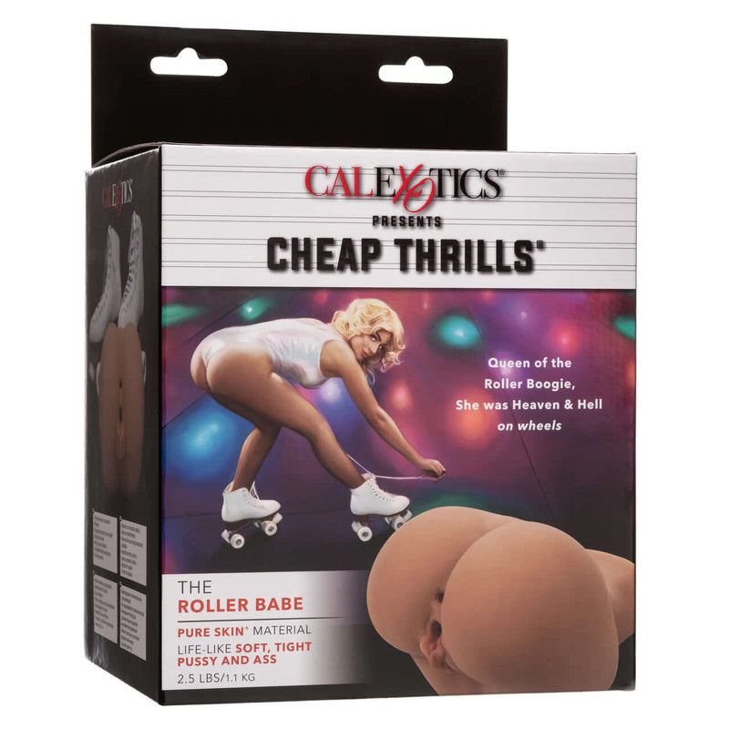 Packaging of Cheap Thrills The Roller Babe Masturbator with Pure Skin material, dual entry, and lifelike soft, tight features.