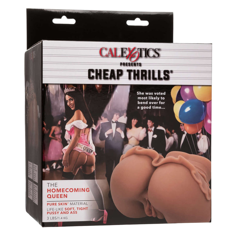Packaging of Cheap Thrills® The Homecoming Queen Masturbator made from ultra life-like Pure Skin® material with dual entry design.